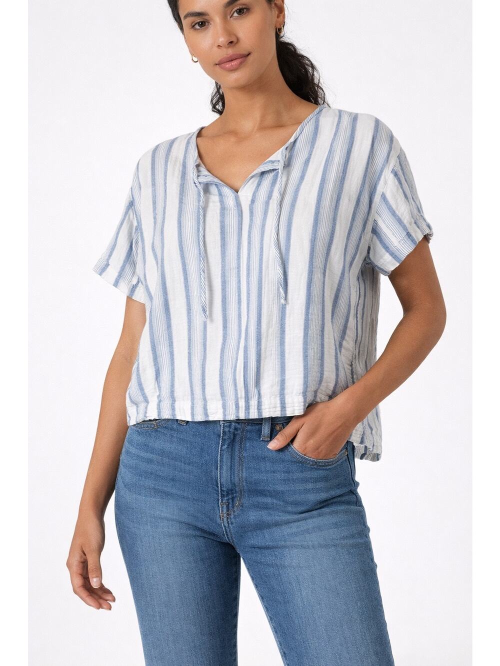 Lauren Ralph Lauren Blue Striped Blouse Coastal Preppy Cotton Gauze Womens Small